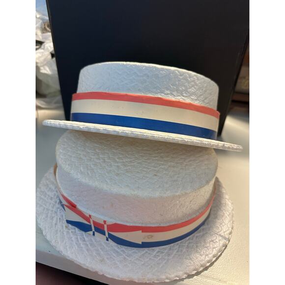 2 Styrofoam Hats Red White Blue Campaign July 4th Line Paper Ribbon Vintage - Picture 4 of 6